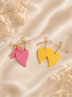 Pink & Yellow Heart Bow Statement Earrings Retro Vintage Style Gold Tone Dangle